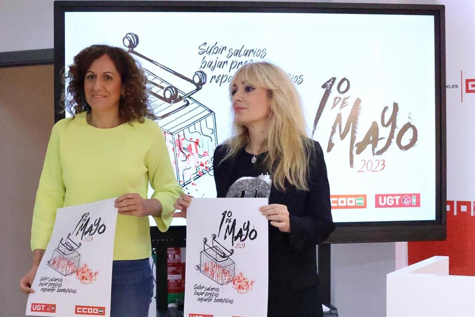 La secretaria general de CCOO-A, Nuria López, y la secretaria general de UGT-A, Carmen Castilla en la presentación de las movilizaciones del 1 de mayo.