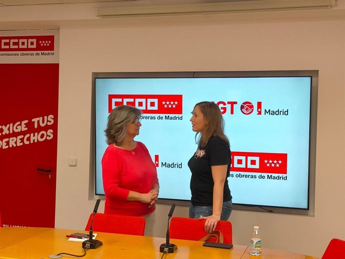 La secretaria general de CC.OO Madrid, Paloma López, y su homóloga en UGT Madrid, Marina Prieto.