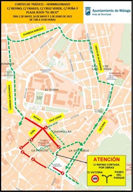 Mapa de las afectaciones al tráfico por trabajos de hormigonado en calle Refino