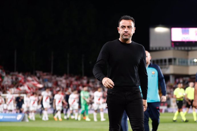 Xavi Hernandez, head coach of FC Barcelona, looks on during the spanish league, La Liga Santander, football match played between Rayo Vallecano and FC Barcelona at Estadio de Vallecas on April 26, 2023, in Madrid, Spain.