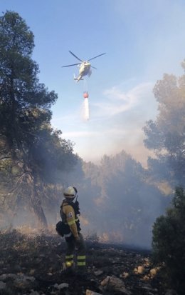 Efectivos del Plan Infomur trabajan en la extinción de un incendio forestal declarado en la sierra del Burete, en Cehegín (Murcia)