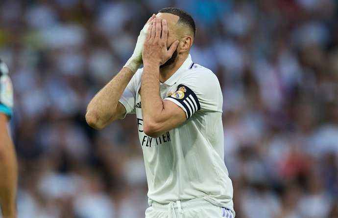 Karim Benzema (Real Madrid CF) reacts during the spanish league, La Liga Santander, football match played between Real Madrid and Cadiz CF at Santiago Bernabeu stadium on April 29, 2023, in Madrid, Spain.