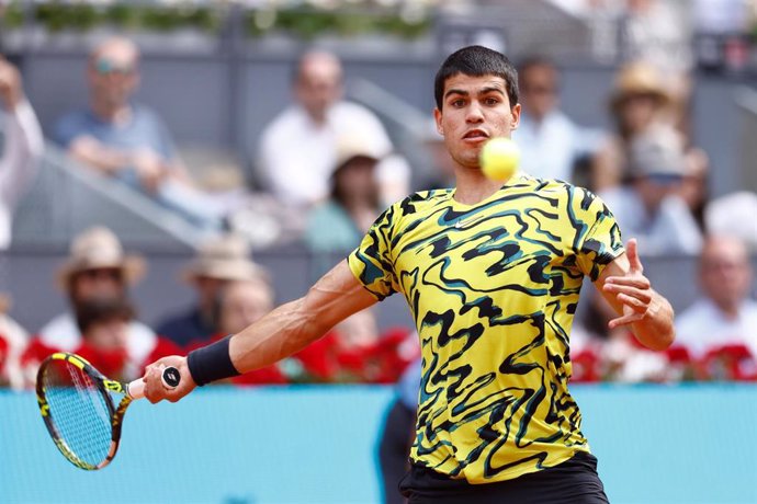 Carlos Alcaraz of Spain in action against Alexander Zverev of Germany during the Mutua Madrid Open 2023 celebrated at Caja Magica on May 02, 2023 in Madrid, Spain.