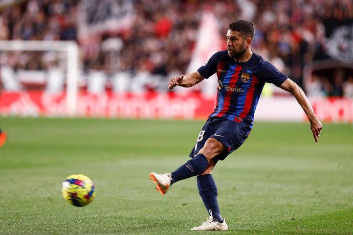 Jordi Alba of FC Barcelona in action during the spanish league, La Liga Santander, football match played between Rayo Vallecano and FC Barcelona at Estadio de Vallecas on April 26, 2023, in Madrid, Spain.