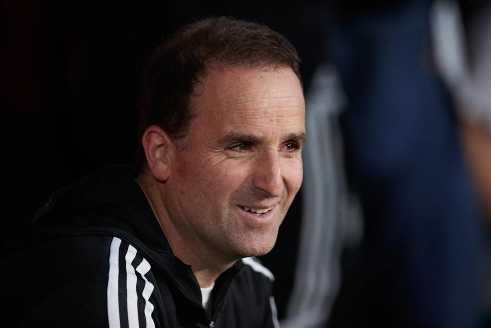 Jagoba Arrasate head coach of CA Osasuna looks on during the La Liga Santander match between CA Osasuna and Real Sociedad at El Sadar on April 28, 2023, in Pamplona, Spain.