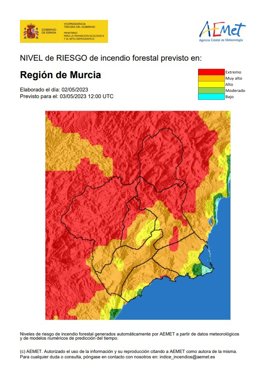El nivel de riesgo de incendio forestal previsto para este miércoles es extremo o muy alto en toda la Región