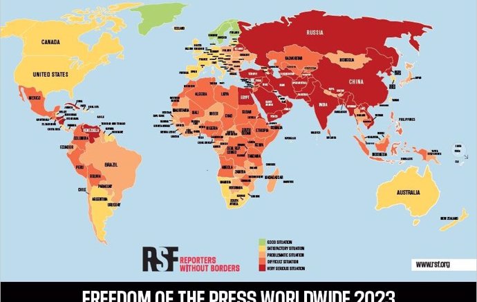 Mapa sobre la Clasificación Mundial de la Libertad de Prensa 2023 por parte de Reporteros Sin Fronteras (RSF)