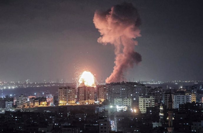 May 2, 2023, Gaza, Palestine: Smoke rises above buildings in Gaza City in the Palestinian enclave. The Israeli military traded fire with Gaza militants on May 2, 2023 in a flare-up of violence following the death in Israeli custody of a Palestinian pris