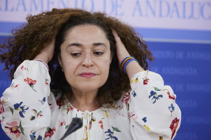 La portavoz del Grupo Por Andalucía, Inmaculada Nieto, durante la ronda de ruedas de prensa de portavoces de los grupos parlamentarios con motivo de la reunión de la Mesa y de la Junta de Portavoces en el Parlamento de Andalucía, a 3 de mayo de 2023 en 