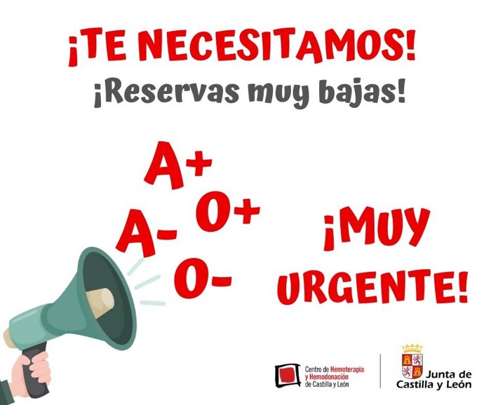 Gráfico elaborado por @donasangreCyL con el llamamiento urgente a donar sangre de los grupos deficitarios