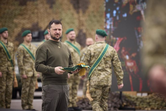 April 30, 2023, Kyiv, Kyiv Oblast, Ukraine: Ukrainian President Volodymyr Zelenskyy, presents state awards to members of the Border Guards with during the Day of the Border Guard professional holiday at the guard headquarters, April 30, 2023 in Kyiv, Uk