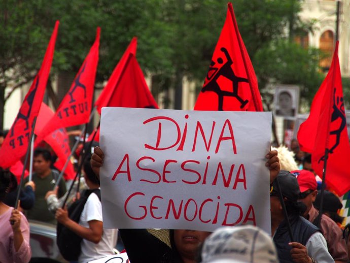 Archivo - January 12, 2023, Lima, Lima, Peru: ''Dina Assassin Genocidal'' can be read on a banner when thousands of demonstrators once again take to the streets of Lima, calling for the resignation of President Dina Boluarte and protesting against police 