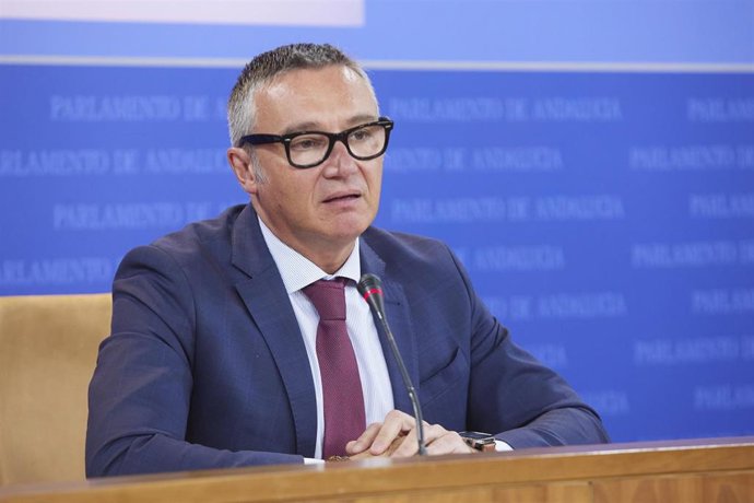 El portavoz del Grupo Parlamentario Vox, Manuel Gavira, durante la ronda de ruedas de prensa de portavoces de los grupos parlamentarios con motivo de la reunión de la Mesa y de la Junta de Portavoces en el Parlamento de Andalucía, a 3 de mayo de 2023 en