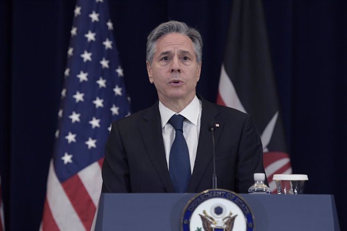 24 April 2023, US, Washington: US Secretary of State Antony Blinken speaks during a press conference about Ukraine war and Sudan conflict with Kenyan Foreign and Diaspora Affairs Minister Alfred Nganga Mutua (Not Pictured) at the Department of State. Ph