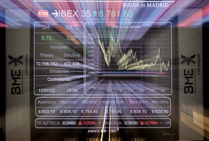 Archivo - Un panel del Ibex en el Palacio de la Bolsa, a 12 de enero de 2022, en Madrid, (España). El Ibex 35 ha iniciado la sesión de este miércoles con una subida del 0,36%, lo que ha llevado al selectivo a situarse en los 8.787 enteros, con la mayor 