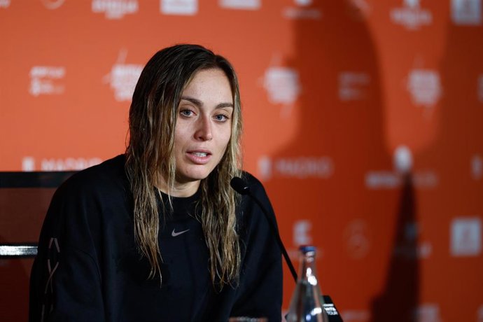 Paula Badosa of Spain attends her press conference after losing against Maria Sakkari of Greece during the Mutua Madrid Open 2023 celebrated at Caja Magica on May 01, 2023 in Madrid, Spain.