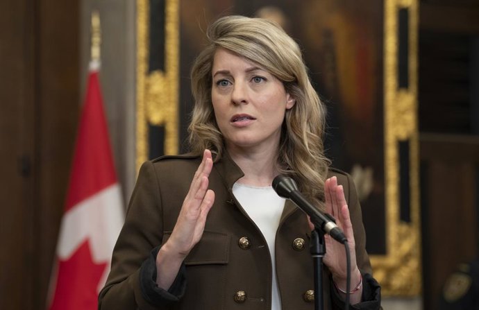 April 27, 2023, Ottawa, ON, Canada: Foreign Affairs Minister Melanie Joly  speaks with reporters in the Foyer of the House of Commons about the situation in Sudan, Thursday, April 27, 2023 in Ottawa.