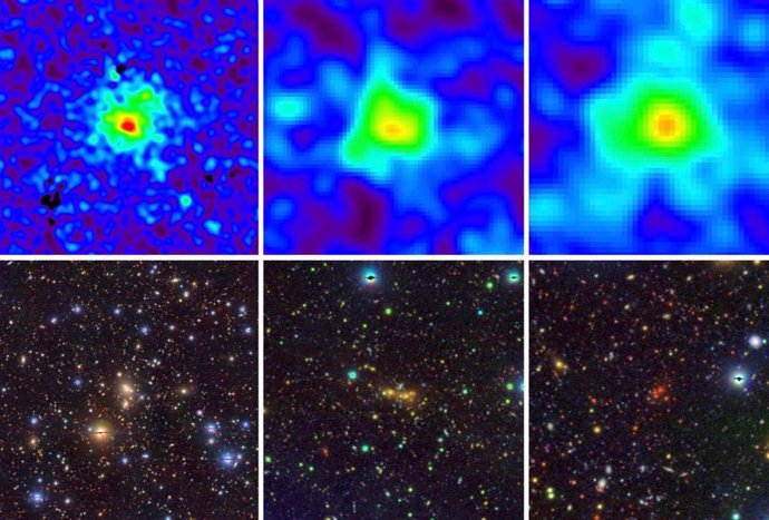 Imágenes de rayos X (arriba) y de pseudocolor óptico (abajo) de tres cúmulos de baja masa identificados en los datos de la encuesta eFEDS.