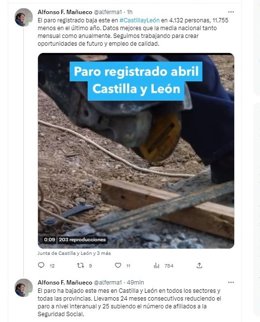 Captura de los tuits publicados por Fernández Mañueco sobre los datos del paro conocidos este jueves
