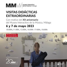 Imagen promocional de las visitas guiadas extraordinarias que tendrán lugar el sábado 6 de mayo con motivo del 20 aniversario del Museo Interactivo de la Música de Málaga.