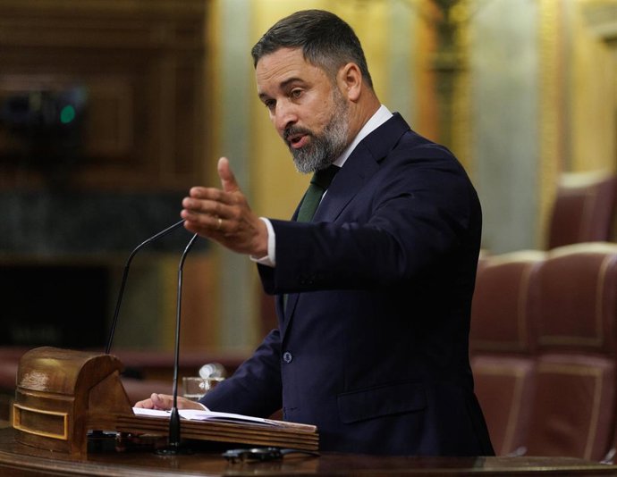 El líder de VOX, Santiago Abascal, interviene durante una sesión plenaria en el Congreso de los Diputados