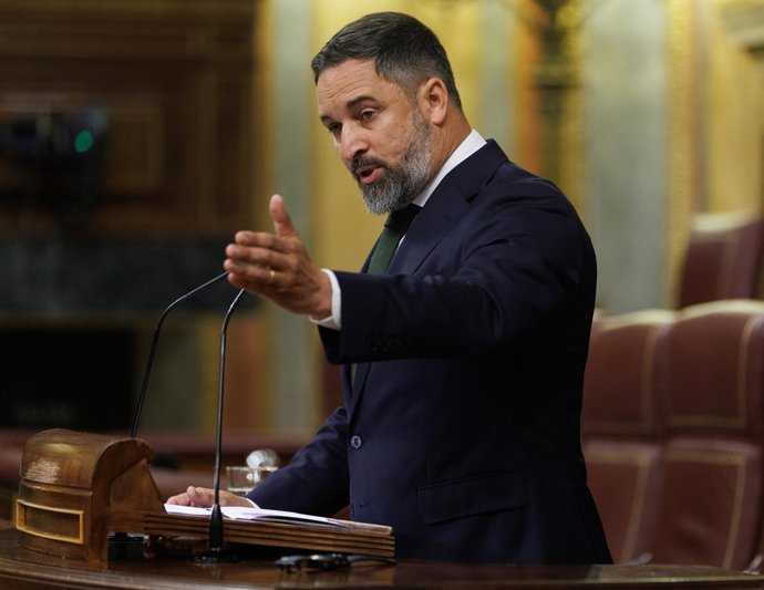 El líder de VOX, Santiago Abascal, interviene durante una sesión plenaria en el Congreso de los Diputados