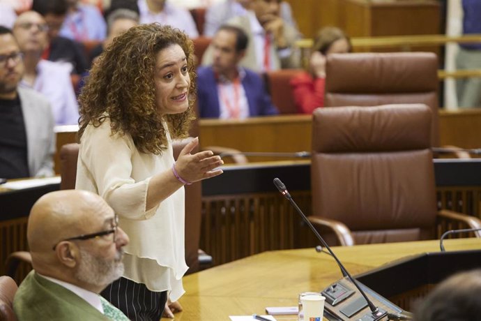 La portavoz de Por Andalucía, Inmaculada Nieto, en la sesión de control al presidente de la Junta de Andalucía, Juanma Moreno, durante la segunda jornada del Pleno del Parlamento andaluz, a 4 de mayo de 2023.