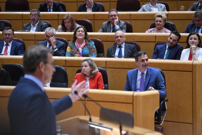 La vicepresidenta primera y ministra de Asuntos Económicos y Transformación Digital, Nadia Calviño, y el presidente del Gobierno, Pedro Sánchez, durante un pleno del Senado, a 25 de abril de 2023, en Madrid (España). 