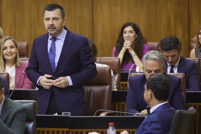 El portavoz del Grupo Parlamentario Popular, Toni Martín, este jueves en el Pleno del Parlamento durante su pregunta al presidente de la Junta de Andalucía, Juanma Moreno.