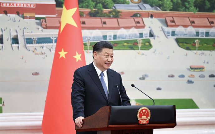 BEIJING, April 24, 2023  -- Chinese President Xi Jinping delivers a speech after receiving the credentials of 70 ambassadors to China at the Great Hall of the People in Beijing, capital of China, April 24, 2023.