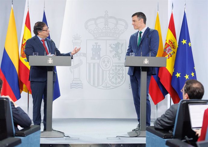 El presidente de Colombia, Gustavo Petro, durante una rueda de prensa junto al presidente del Gobierno en el Palacio de la Moncloa, a 4 de mayo de 2023, en Madrid (España). 