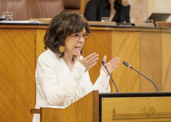 La parlamentaria del PSOE-A María Ángeles Prieto interviene ante el Pleno del Parlamento andaluz.