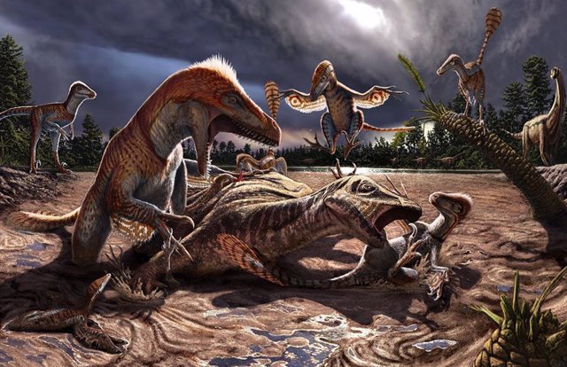 Illustration of the great raptors that lived in present-day Utah 135 million years ago