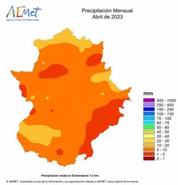 Mapa de precipitaciones en abril en Extremadura.