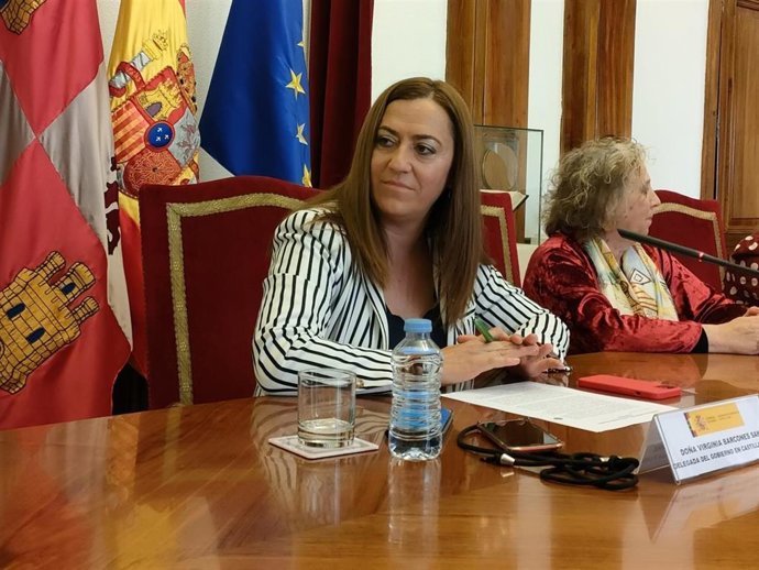 La delegada del Gobierno en Castilla y León, Virginia Barcones, atiende a los medios de comunicación este viernes en Salamanca.