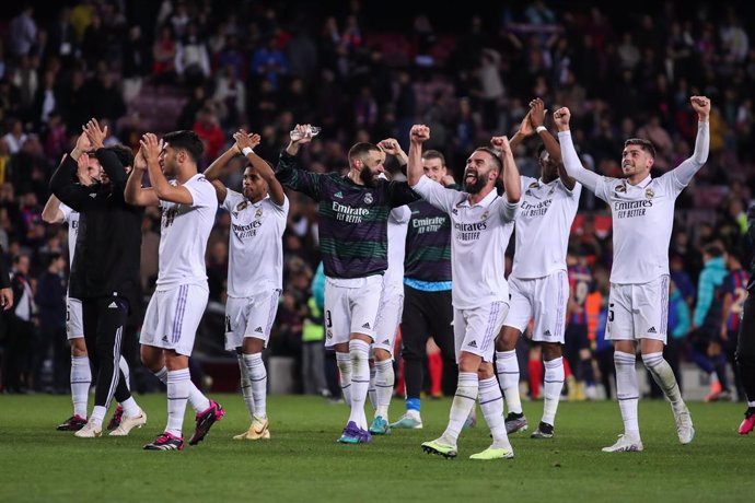 Players of Real Madrid celebrate the victory after the Spanish Cup, Copa del Rey, Semi Finals football match played between FC Barcelona and Real Madrid at Spotify Camp Nou stadium on April 05, 2023, in Barcelona, Spain.