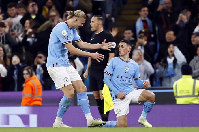 Phil Foden of Manchester City celebrates his goal 3-0 with Erling Haaland during the English championship Premier League football match between Manchester City and West Ham United on May 3, 2023 at Etihad Stadium in Manchester, England - Photo Alan Mart