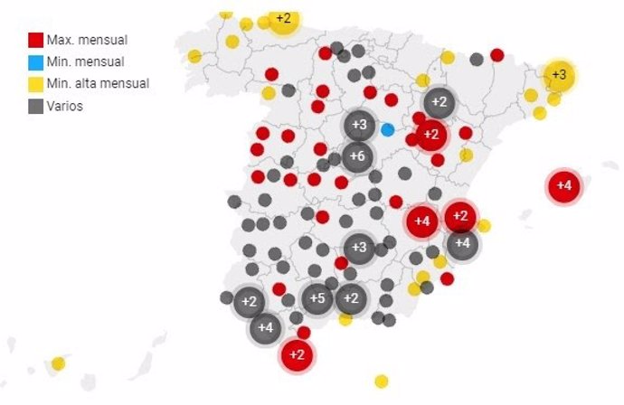 Representación de los récords de temperaturas alcanzados en España durante el mes de abril.