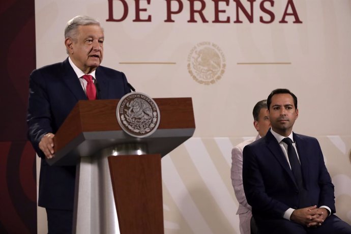 May 1, 2023, Mexico City, Mexico City, Mexico: May 1, 2023, Mexico City, Mexico: The President of Mexico, Andres Manuel Lopez Obrador, and the Governor of the State of Yucatan, Mauricio Vila Dosal, at the press conference before reporters at the Nationa