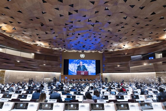 Archivo - HANDOUT - 28 February 2022, Switzerland, Geneva: UNSecretary-General Antonio Guterres delivers a video message at the 49th regular session of the Human Rights Council of the United Nations (UN). Photo: Jean Marc Ferré/UN Photo/dpa - ATTENTION