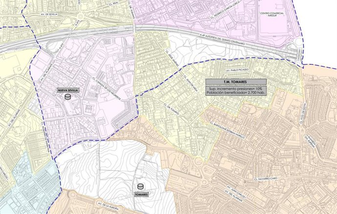 La zona sombreada en amarillo es el área de Tomares objeto de estudio para incrementar la presión del agua que se suministra.