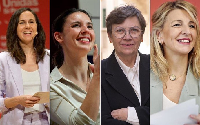 (I-D) Las Ministras Ione Belarra E Irene Montero; La Candidata De Unidas Podemos A La Presidencia Del Govern, Antnia Jover, Y La Vicepresidenta Segunda Del Gobierno, Yolanda Díaz