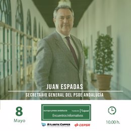 Cartel anunciador de la participación del secretario general del PSOE-A, Juan Espadas, en los desayunos informativos de Europa Press Andalucía en Sevilla este 8 de mayo