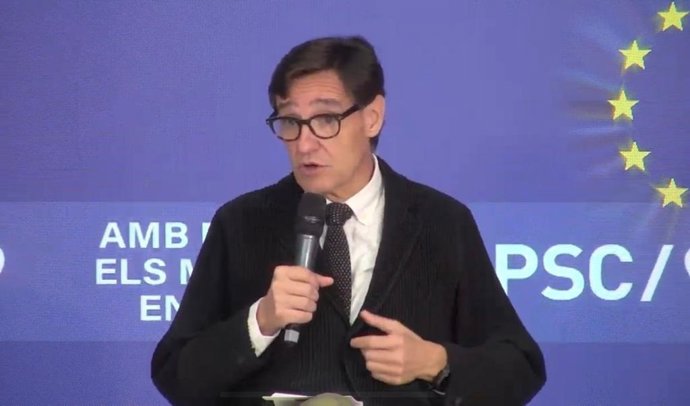 El líder del PSC, Salvador Illa, en el acto del PSC 'Amb Europa, els municipis en marxa' ('Con Europa, los municipios en marcha').