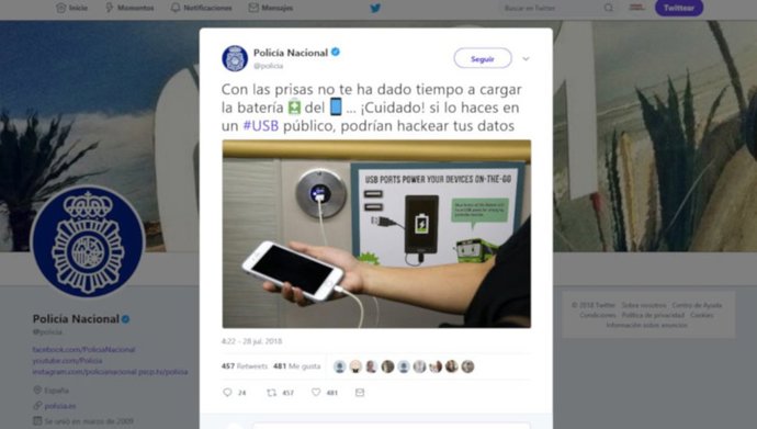 La Policía Nacional advierte del peligro de cargar móviles en lugares públicos