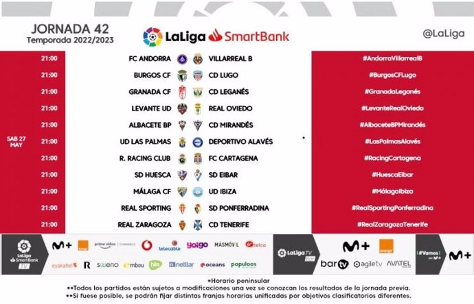 Las dos últimas jornadas de LaLiga SmartBank se jugarán los sábados 20 y 27 de mayo en horario unificado