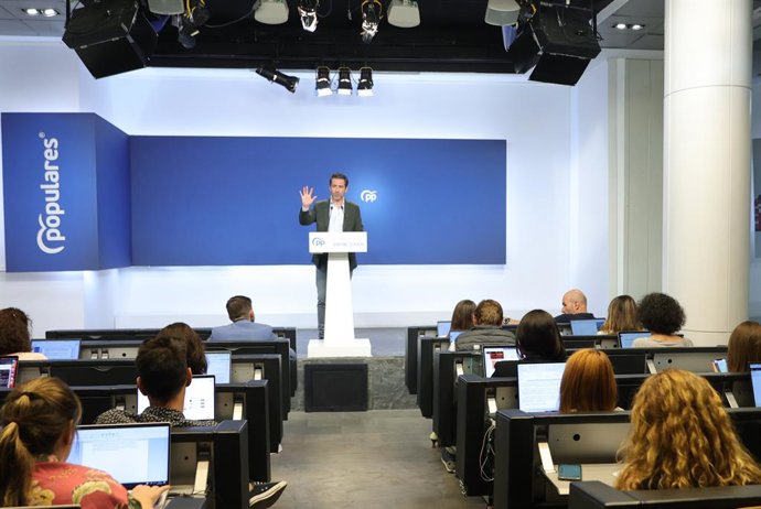 El portavoz de campaña del PP y vicesecretario de Cultura y Sociedad Abierta, Borja Sémper, ofrece una rueda de prensa posterior a la reunión del Comité de Dirección del Partido Popular, en la sede nacional del PP, a 8 de mayo de 2023, en Madrid (España