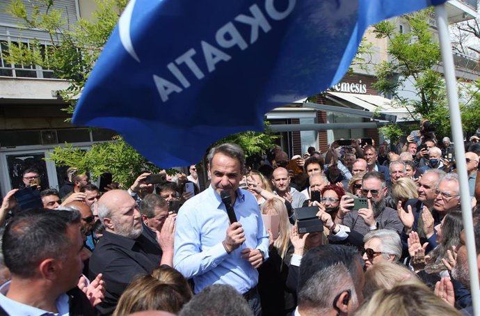 Kyriakos Mitsotakis en un acto de campaña de Nueva Democracia