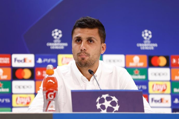 Rodri Hernandez of Manchester City attends his press conference before the UEFA Champions League football match between Real Madrid and Manchester City at Santiago Bernabeu Stadium on May 08, 2023 in Madrid, Spain.