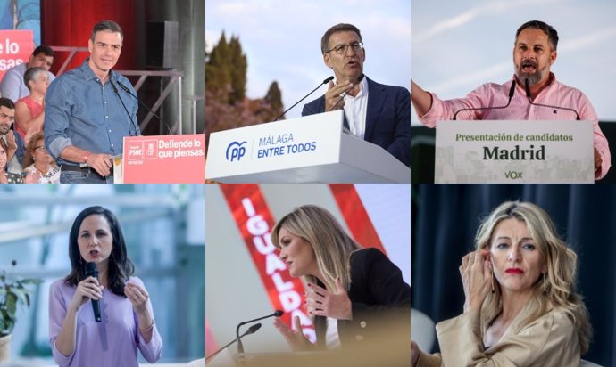 Pedro Sánchez, Alberto Númez Feijóo, Santiago Abascal, Ione Belarra, Patricia Guasp y Yolanda Díaz.